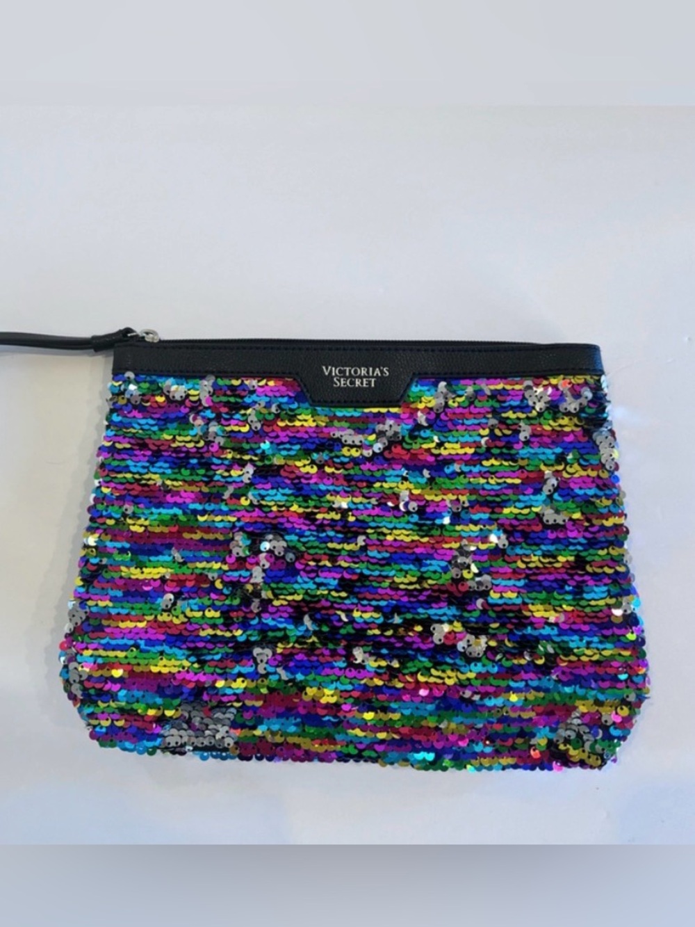 Victoria’s Secret Sequin Rainbow / Silver Wristlet Cosmetic Zipper Bag